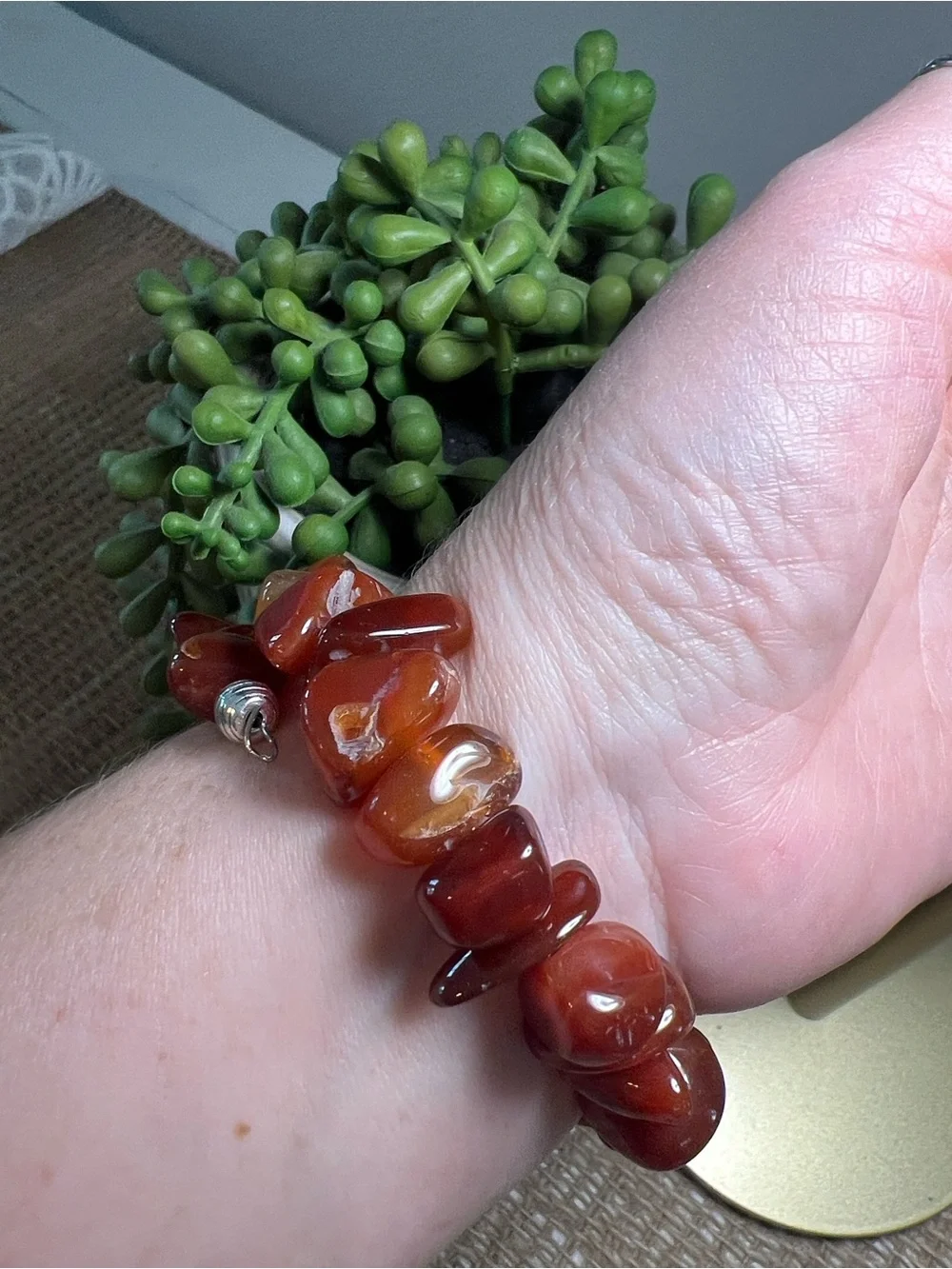 Polished Amber-colored memory wire Bracelet. Handmade red/orange Stone Jewelry.